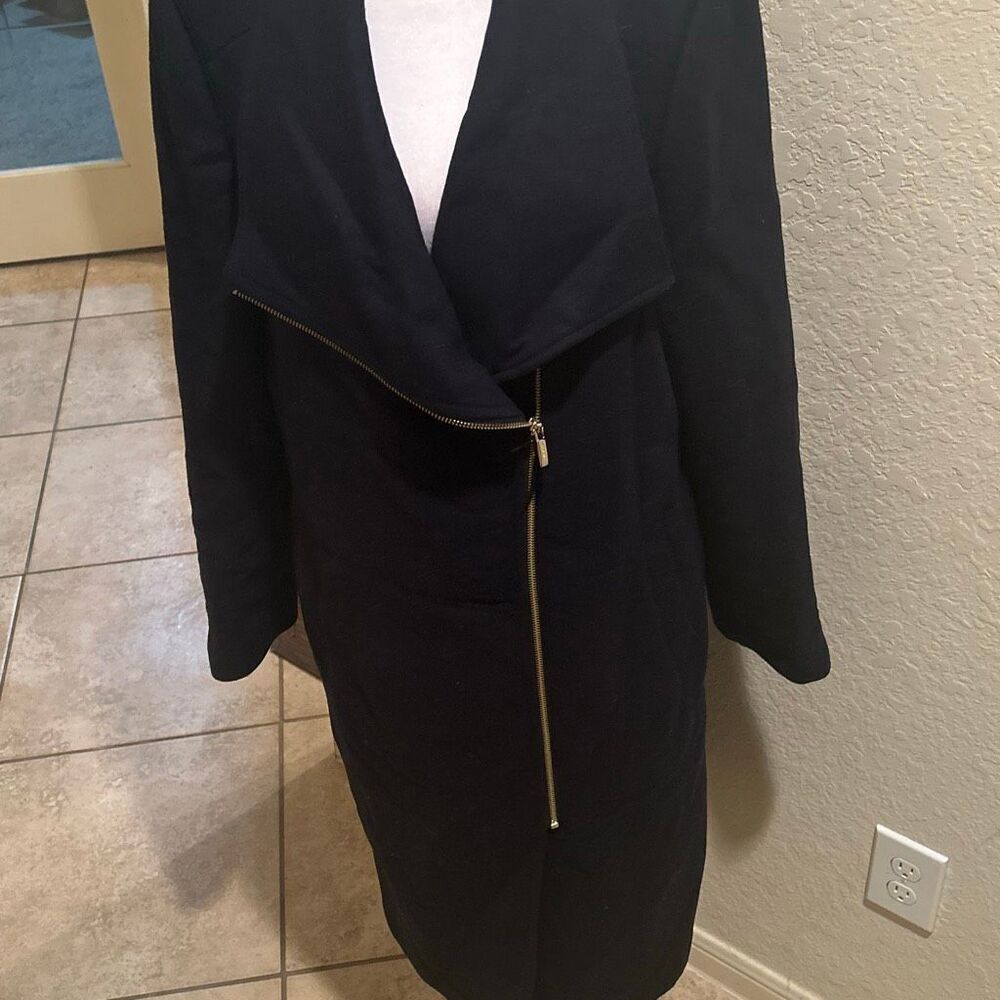 Cole Haan Size 12 Asymmetrical Zip Wool Trench Coat Navy Blue Old Money Classic